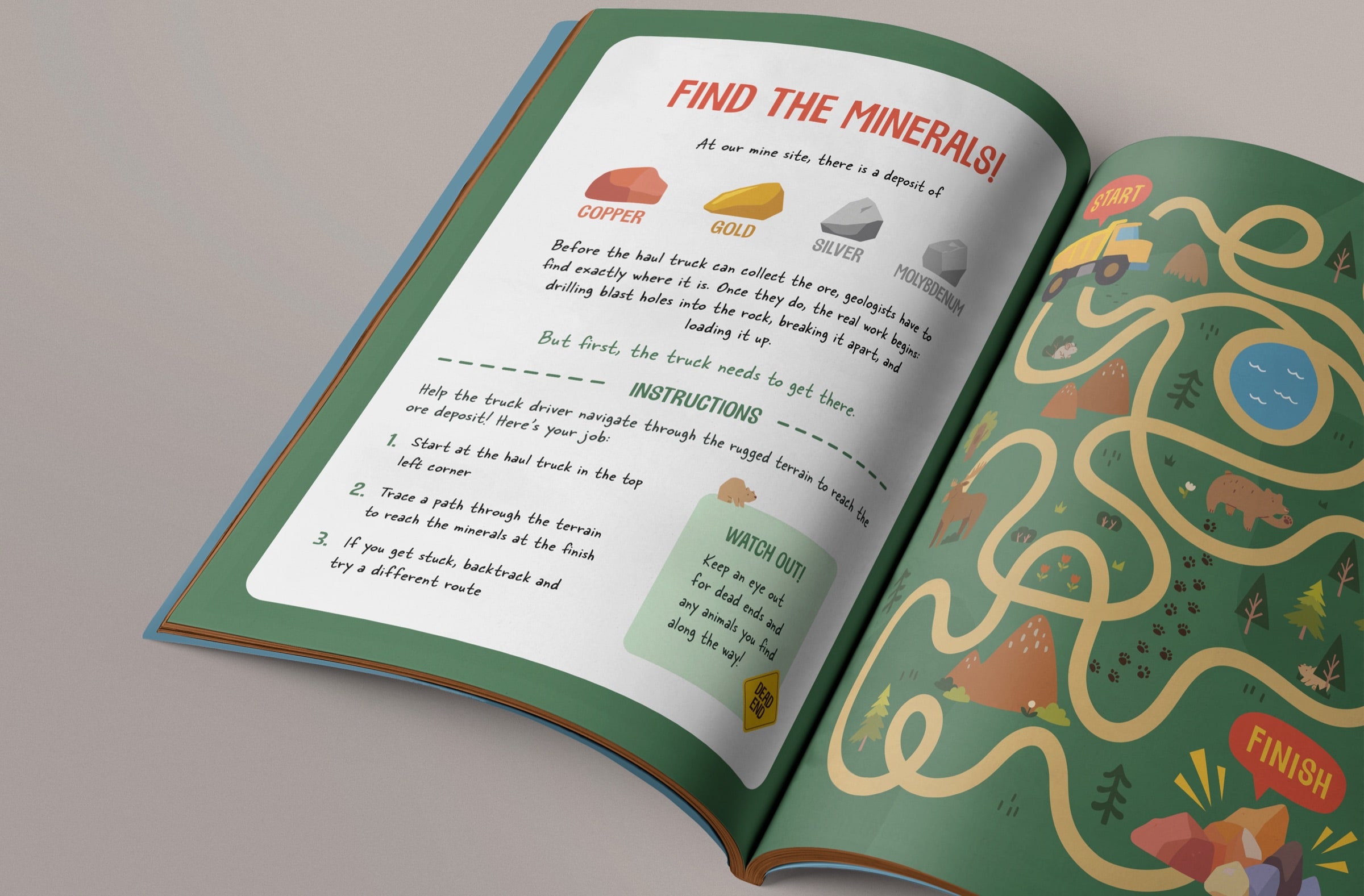 Activity book spread: “Find the minerals!”, with a winding maze across the facing page.