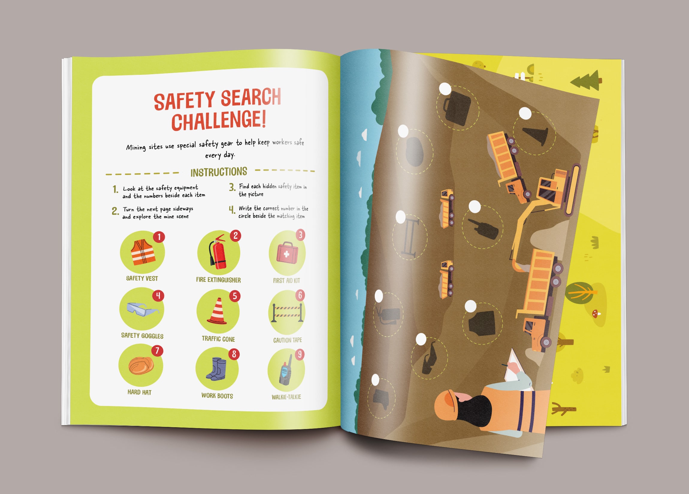 Activity book spreads: a “Safety search challenge!” beside a mine-site seek-and-find.
