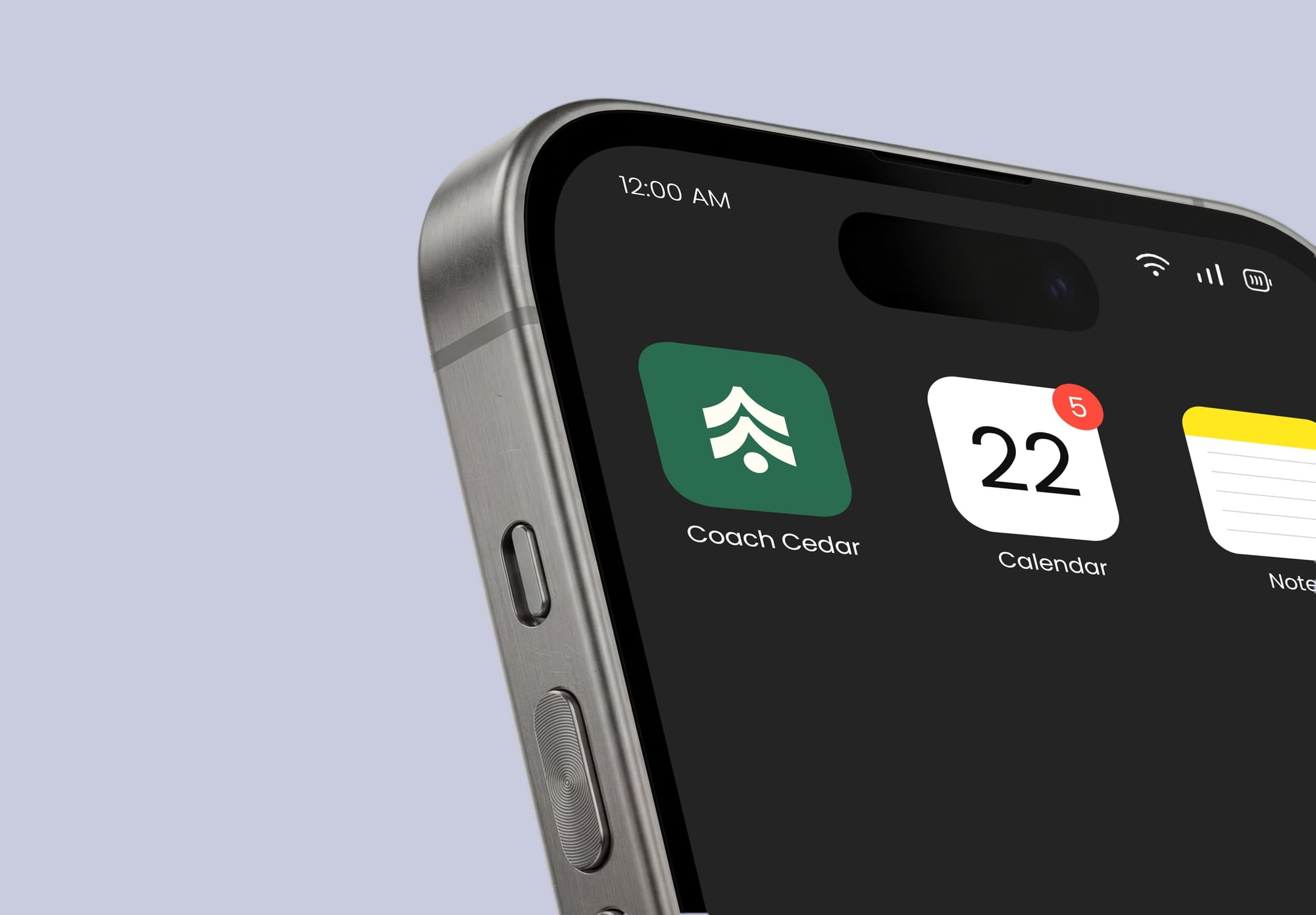Close-up of a phone home screen with the green Coach Cedar app icon.