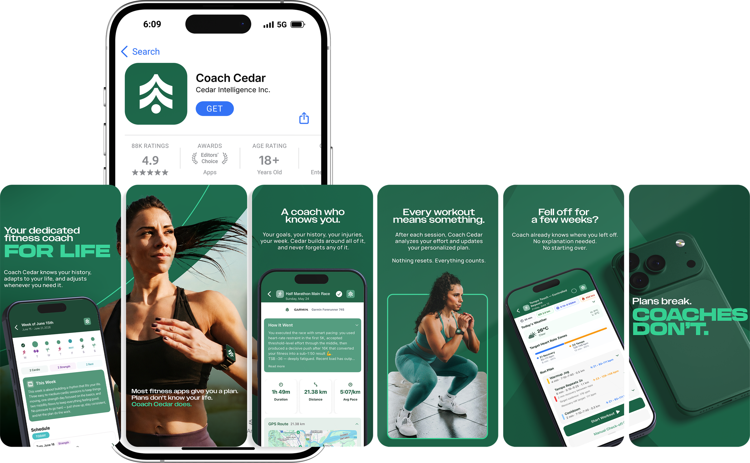 Coach Cedar’s App Store listing on a phone, with a row of six green screenshots: “Your dedicated fitness coach for life”, “A coach who knows you”, “Plans break. Coaches don’t.”