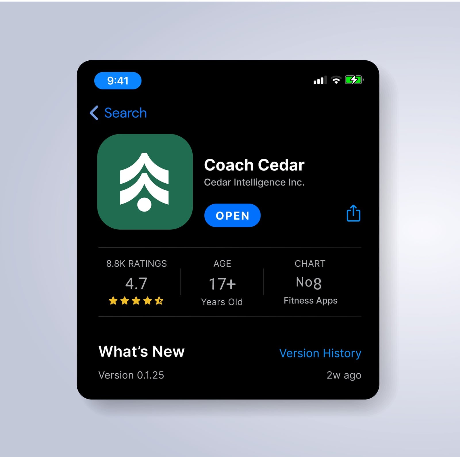 Coach Cedar’s App Store page on a phone: 4.7 stars, number 8 in Fitness Apps.