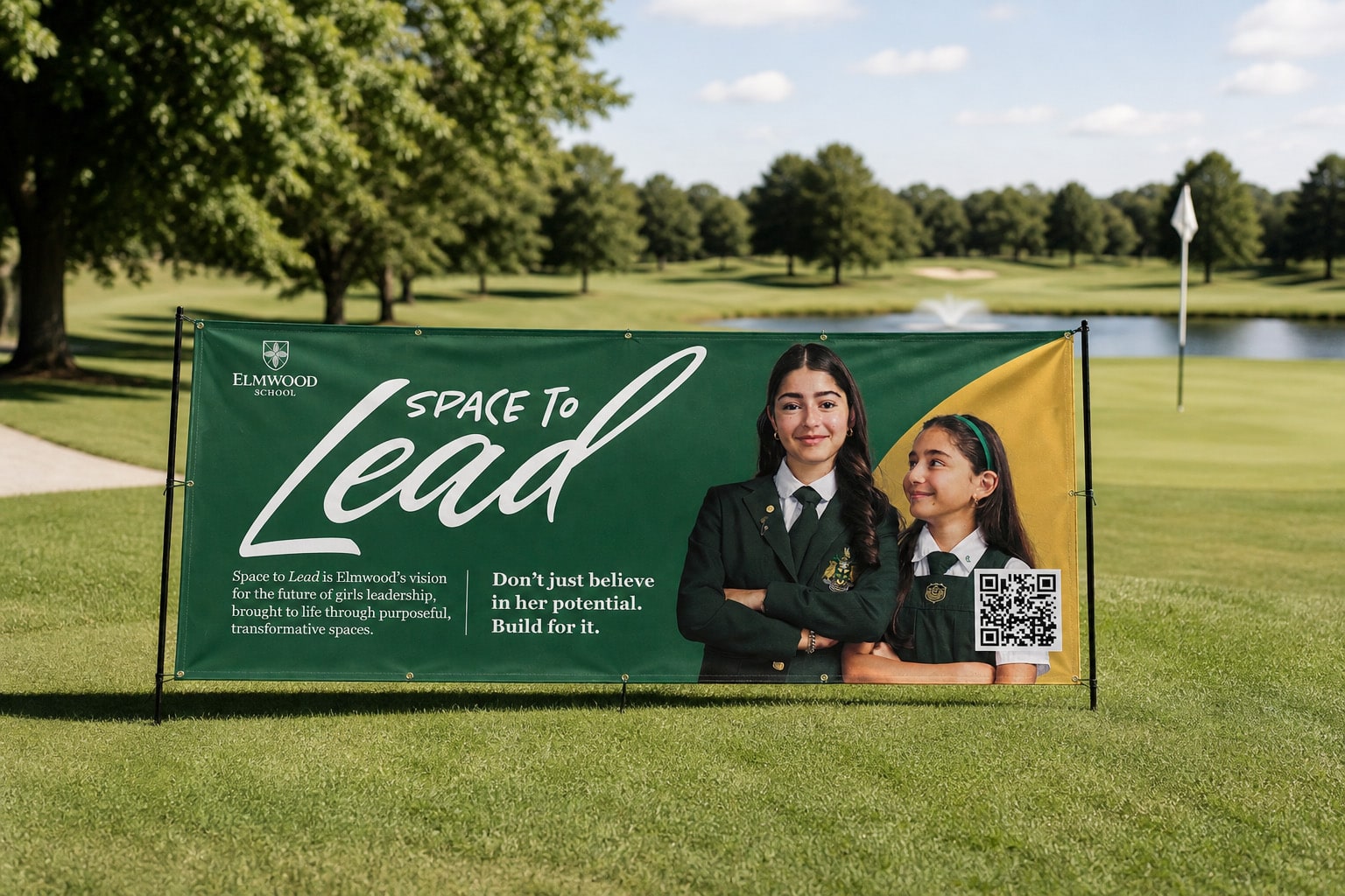 Space to Lead banner on a golf course, with two students and a QR code.