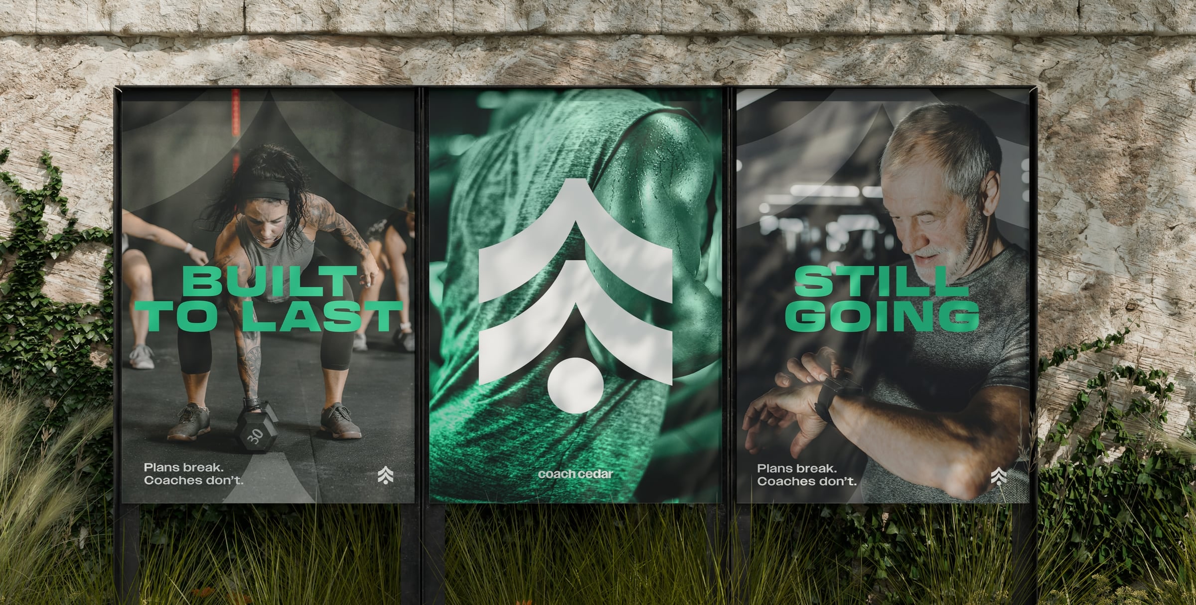 Three Coach Cedar posters on a stone wall: “Built to last”, the cedar mark, and “Still going”.