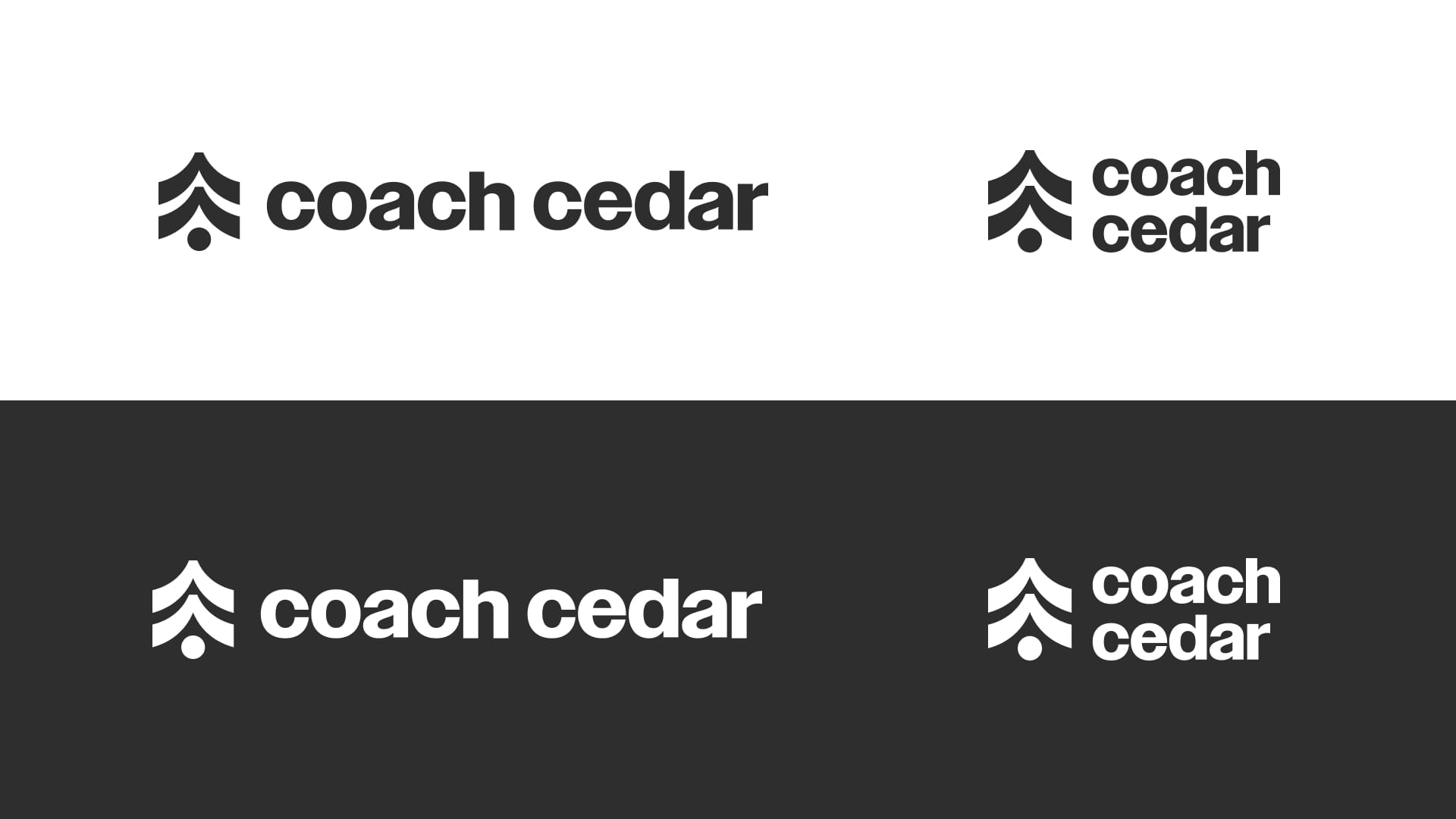 The Tree logo in horizontal and stacked versions, in black on white and white on charcoal.