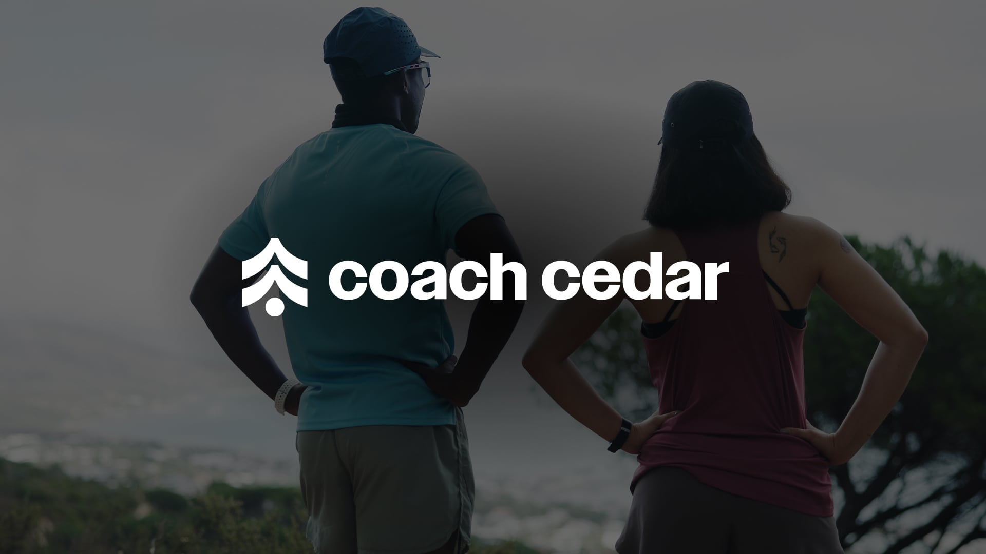 Concept 1: the cedar-and-chevrons mark with a bold “coach cedar” wordmark, over two people resting after a run.