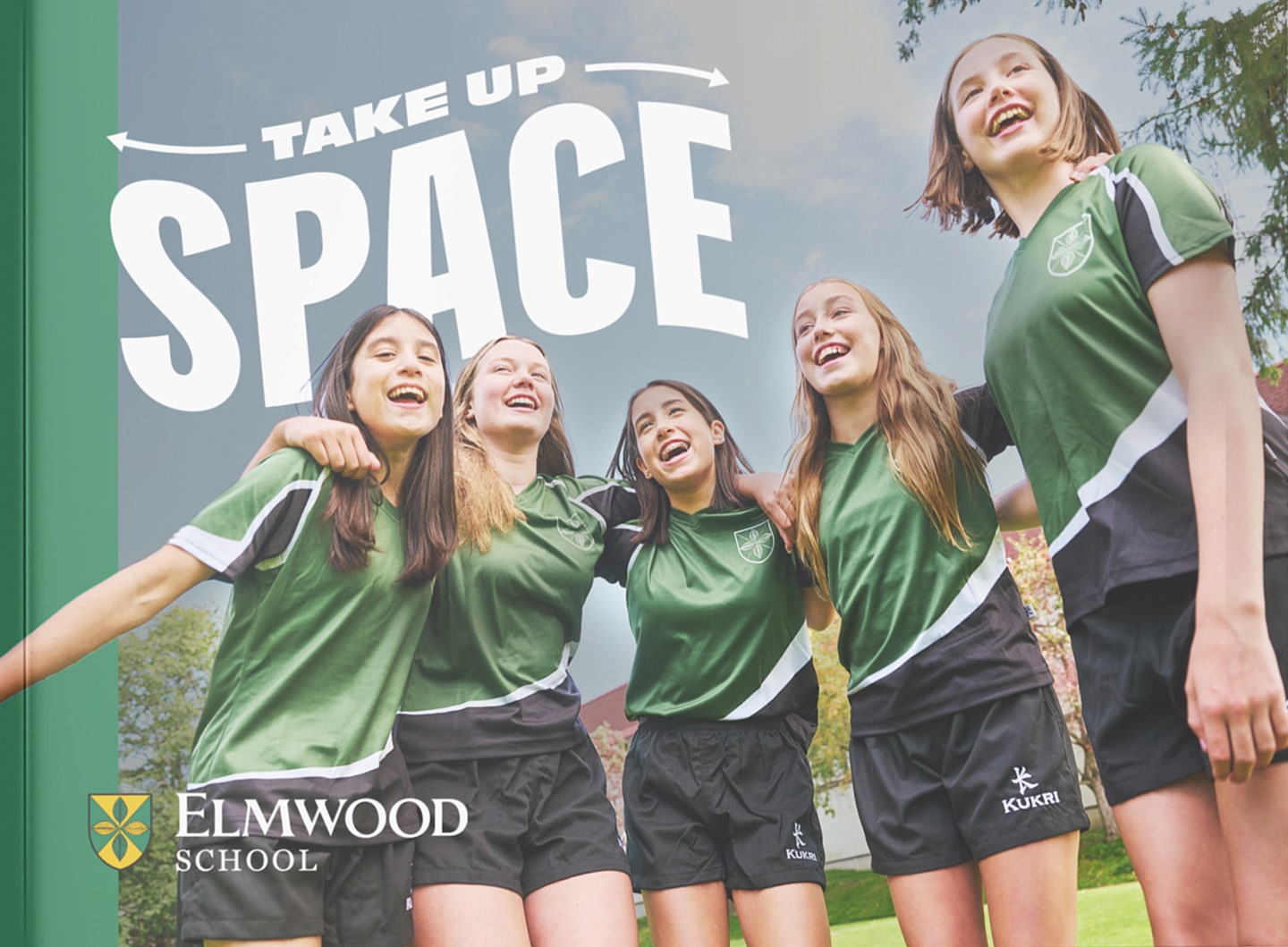 Take up Space concept: Elmwood students cheering under a bold “Take up Space” headline.