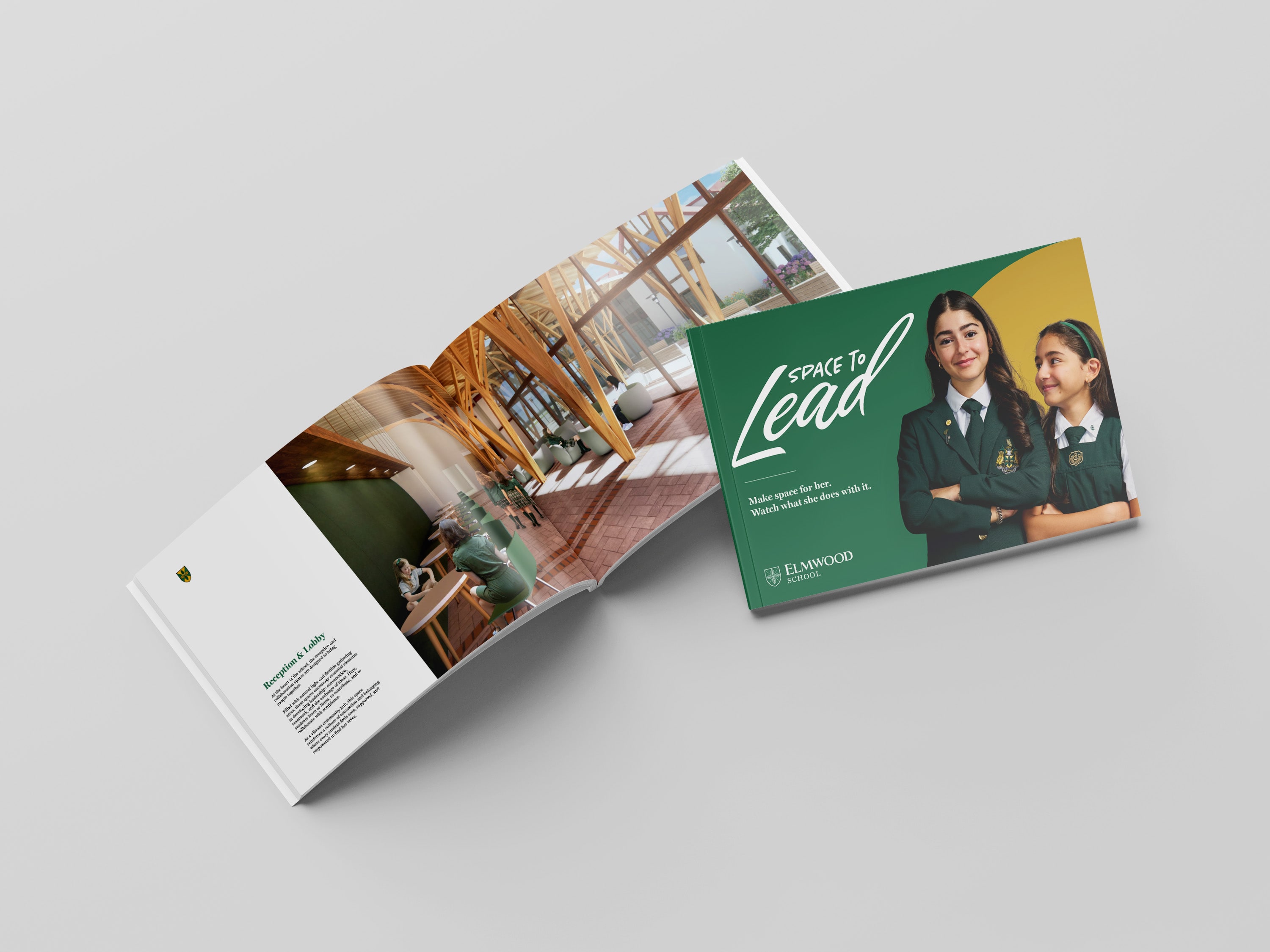 The Space to Lead case-for-support booklet, open beside its cover.