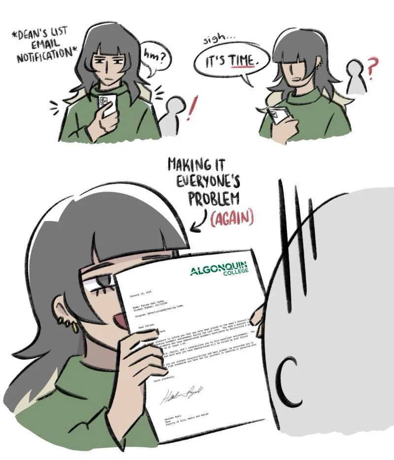 Comic: Fatima gets the Dean’s List email and shoves the letter in a friend’s face.