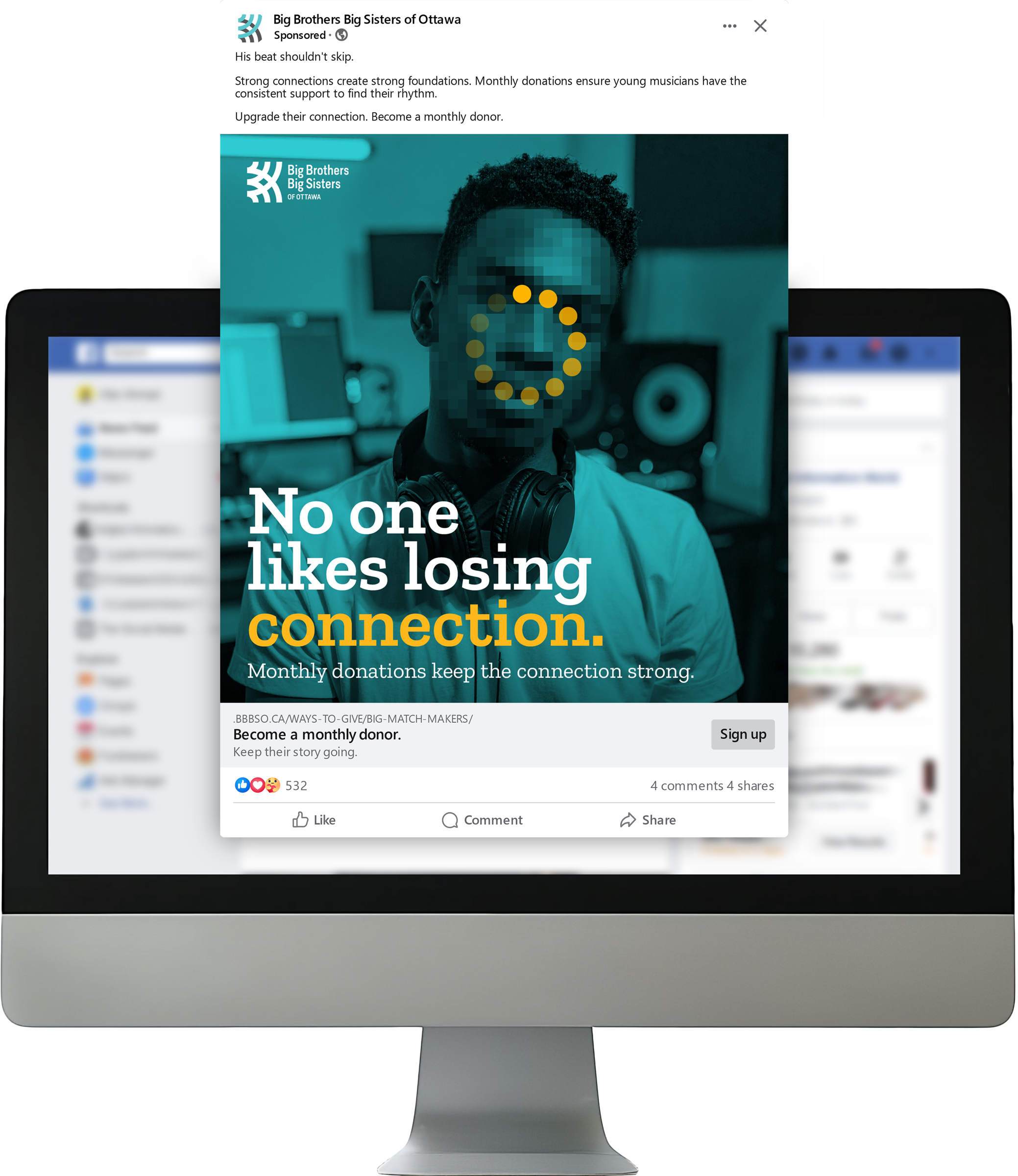 Sponsored Facebook post on a desktop screen: “His beat shouldn’t skip.” A young musician with a pixelated face and a buffering wheel.