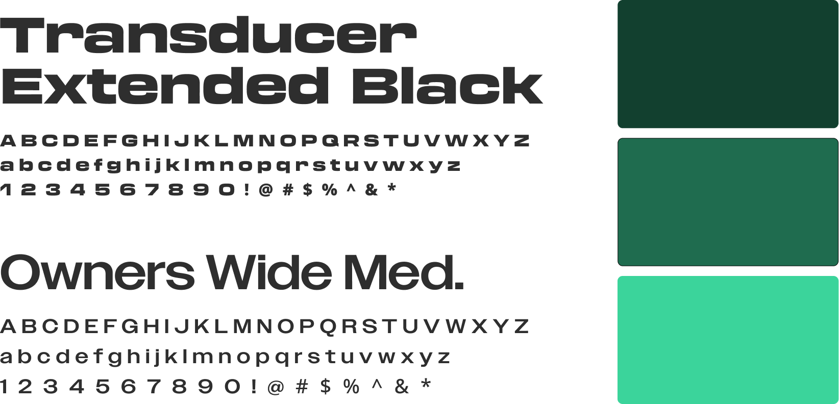 Type specimens for Transducer Extended Black and Owners Wide Medium, beside three swatches: deep, mid and bright green.