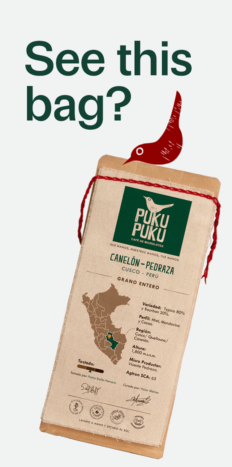 See this bag? A Puku Puku coffee bag hangs from a red string.