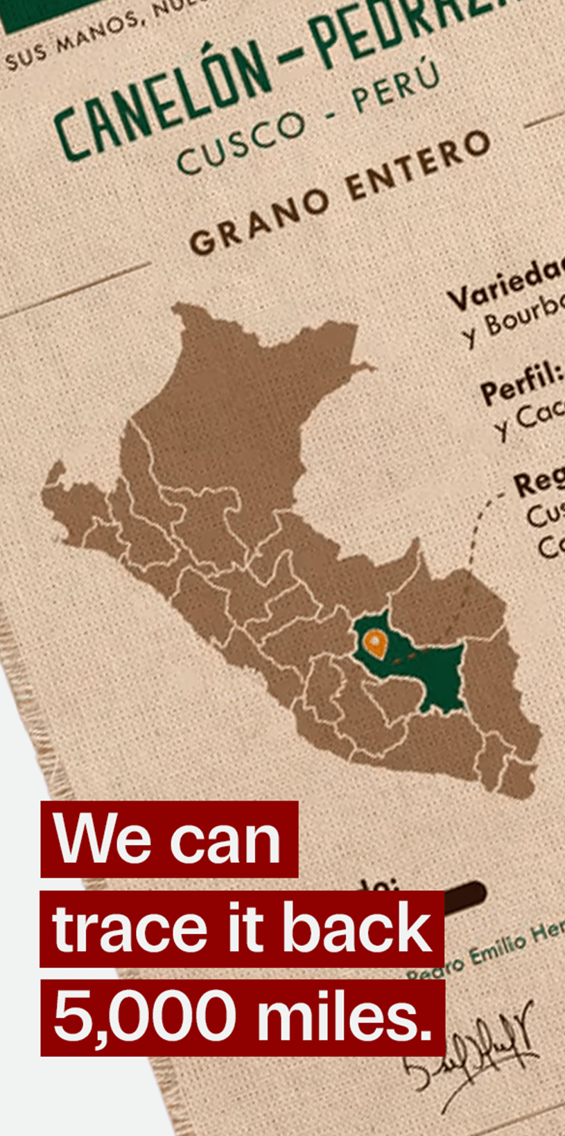 Close-up of the map on the bag: We can trace it back 5,000 miles.