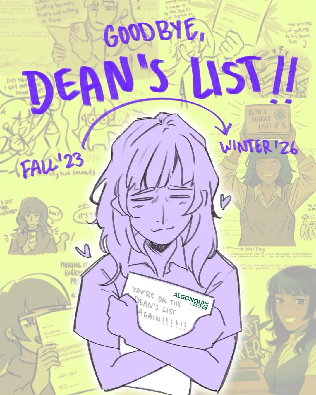 Drawing: Fatima hugging her last Dean’s List letter, surrounded by her older Dean’s List comics.