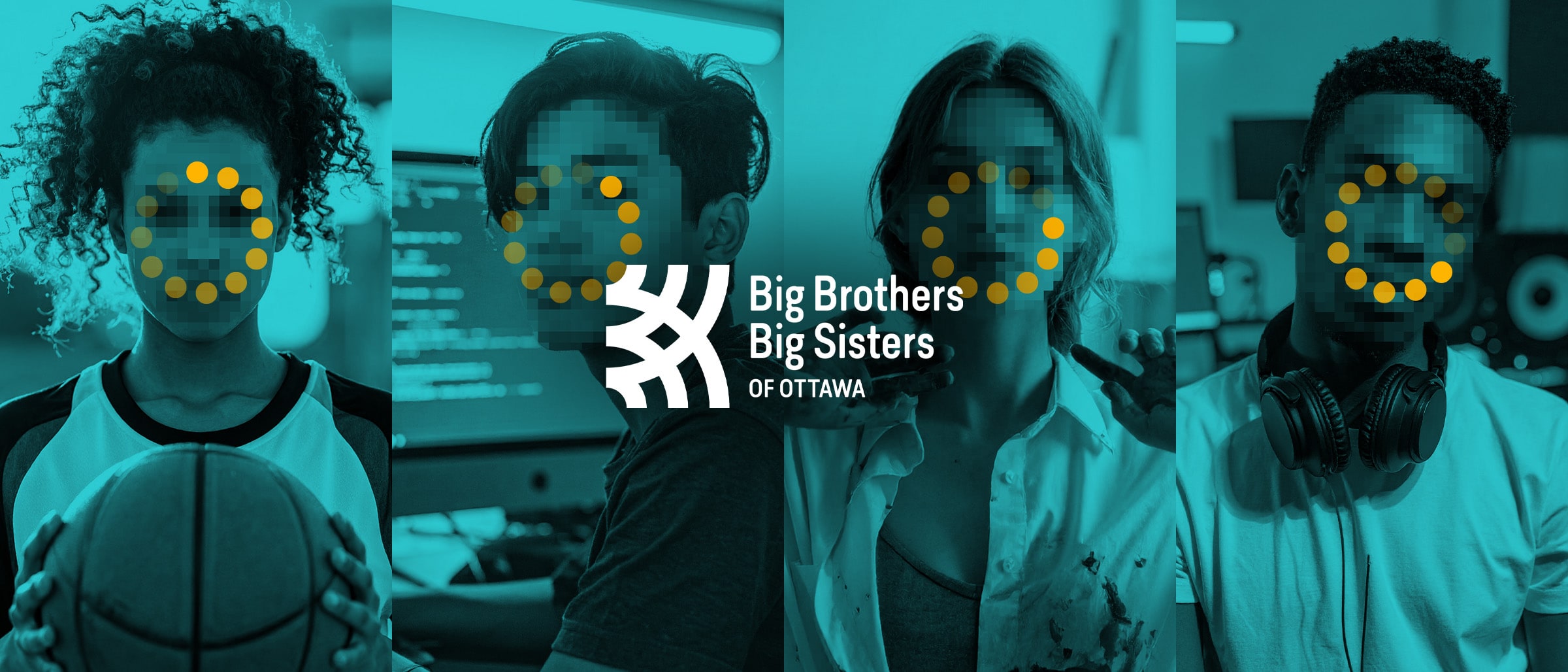 Four young people, faces pixelated under yellow buffering wheels, beside the Big Brothers Big Sisters of Ottawa logo.