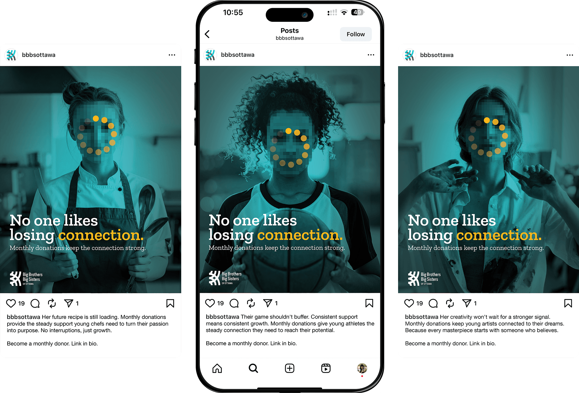 Three Instagram posts from @bbbsottawa: a young chef, a basketball player and a painter, each with a pixelated face and a buffering wheel.