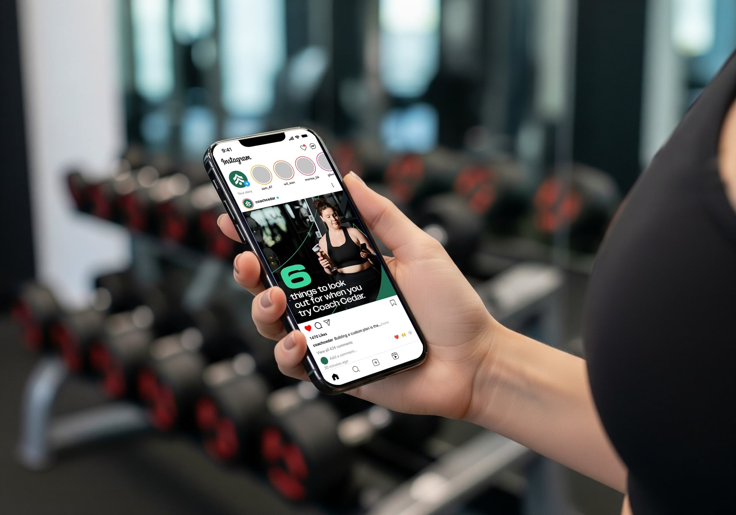 A hand holding a phone in a gym, showing a Coach Cedar Instagram post: “6 things to look out for when you try Coach Cedar.”