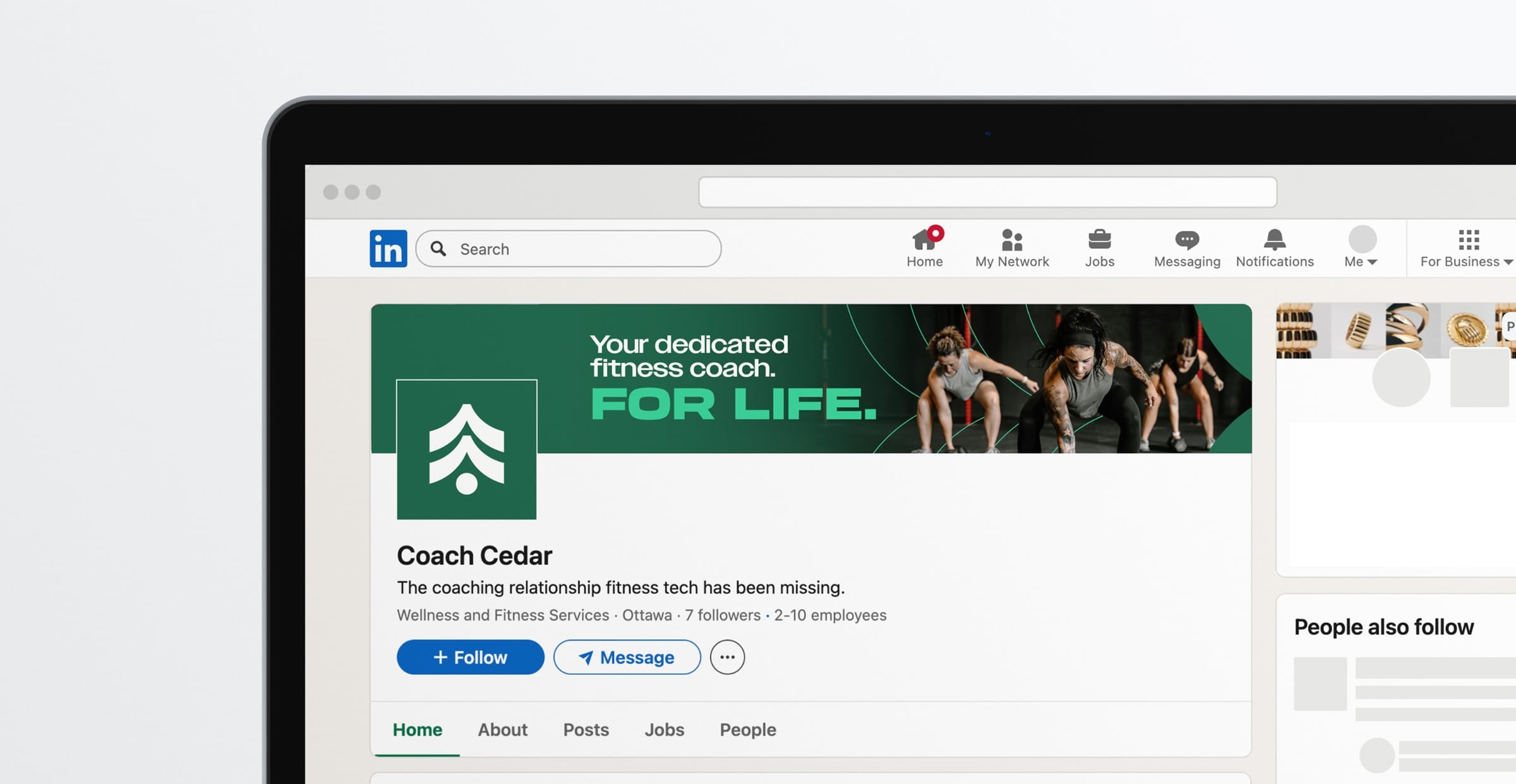 Coach Cedar’s LinkedIn page on a laptop: “Your dedicated fitness coach. For life.”