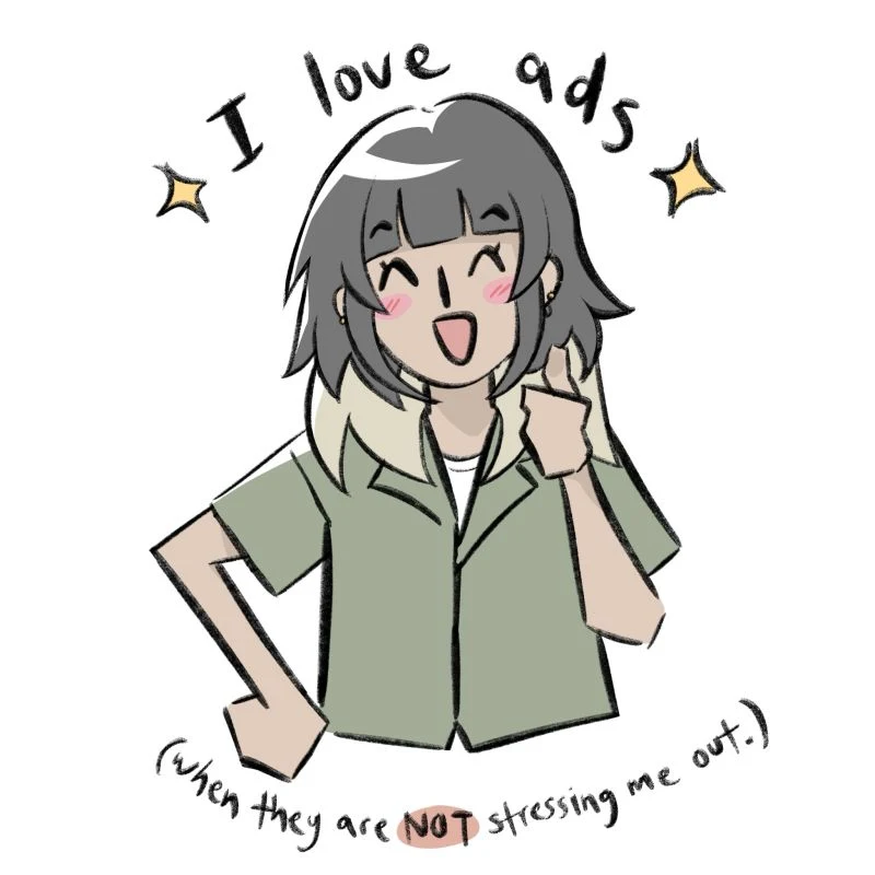 Drawing: Fatima beaming under the words “I love ads (when they are not stressing me out)”.