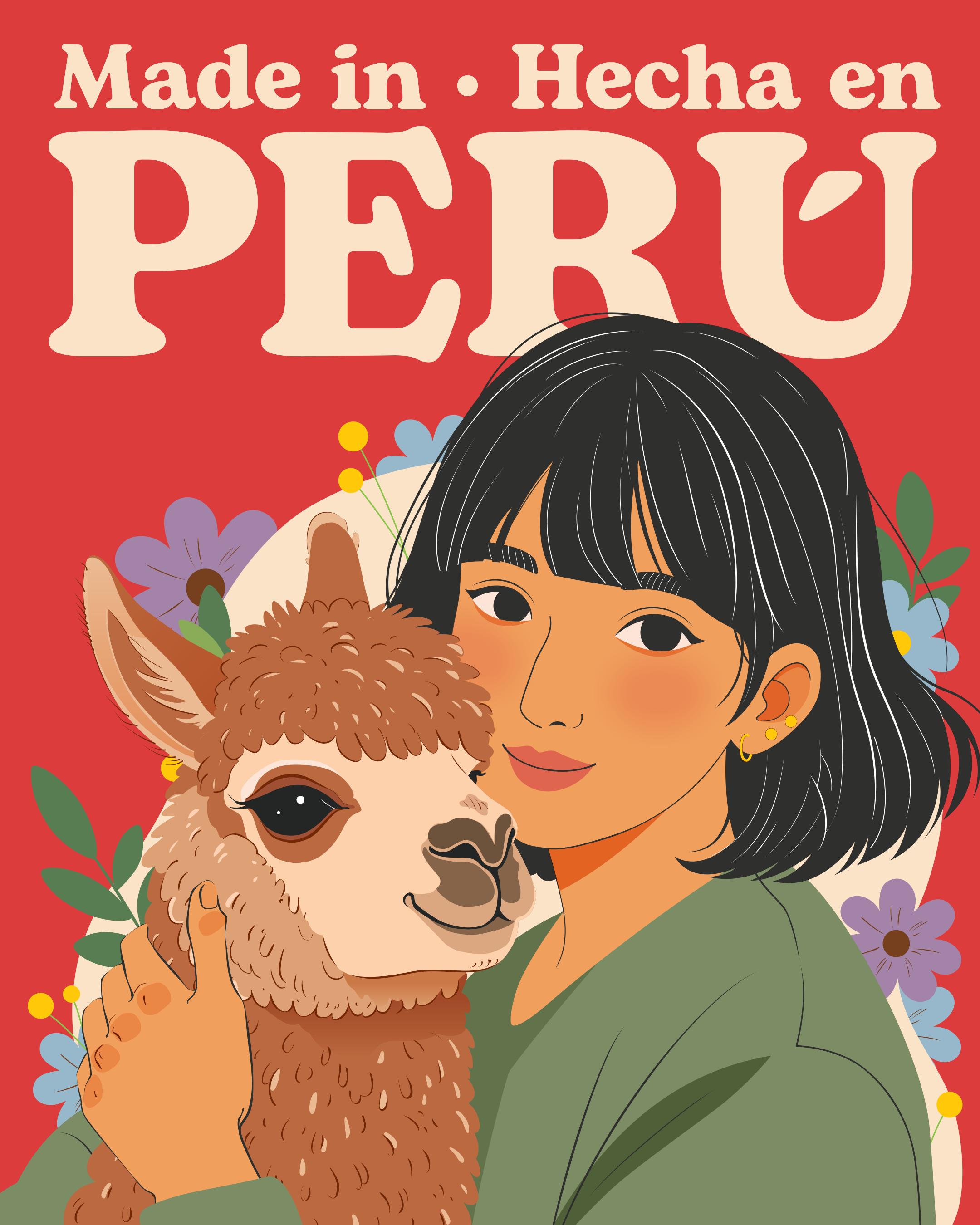 Illustration: a woman with a black bob hugs a fluffy brown alpaca among purple and blue flowers, under the words “Made in · Hecha en Perú”.