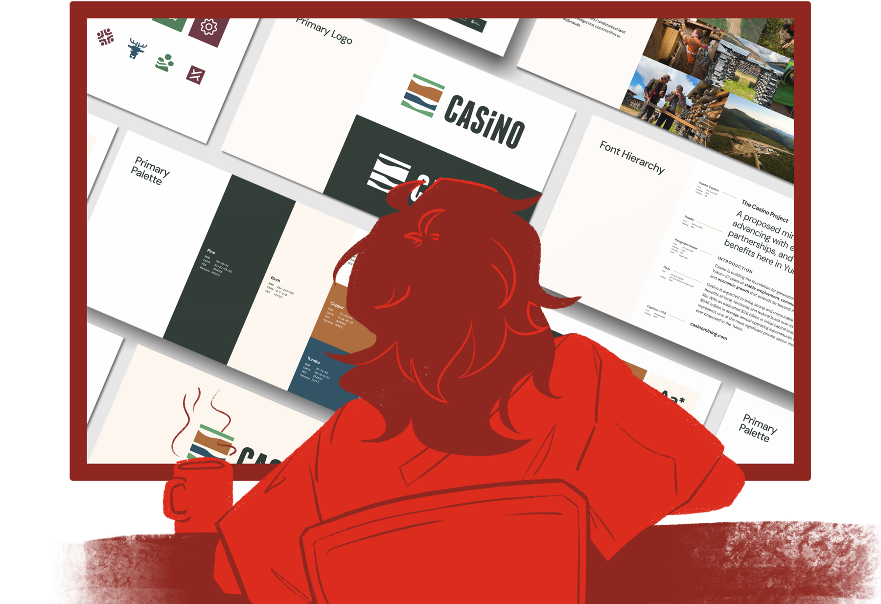Illustration of Fatima, drawn in red, facing a wall of Casino Project layouts.