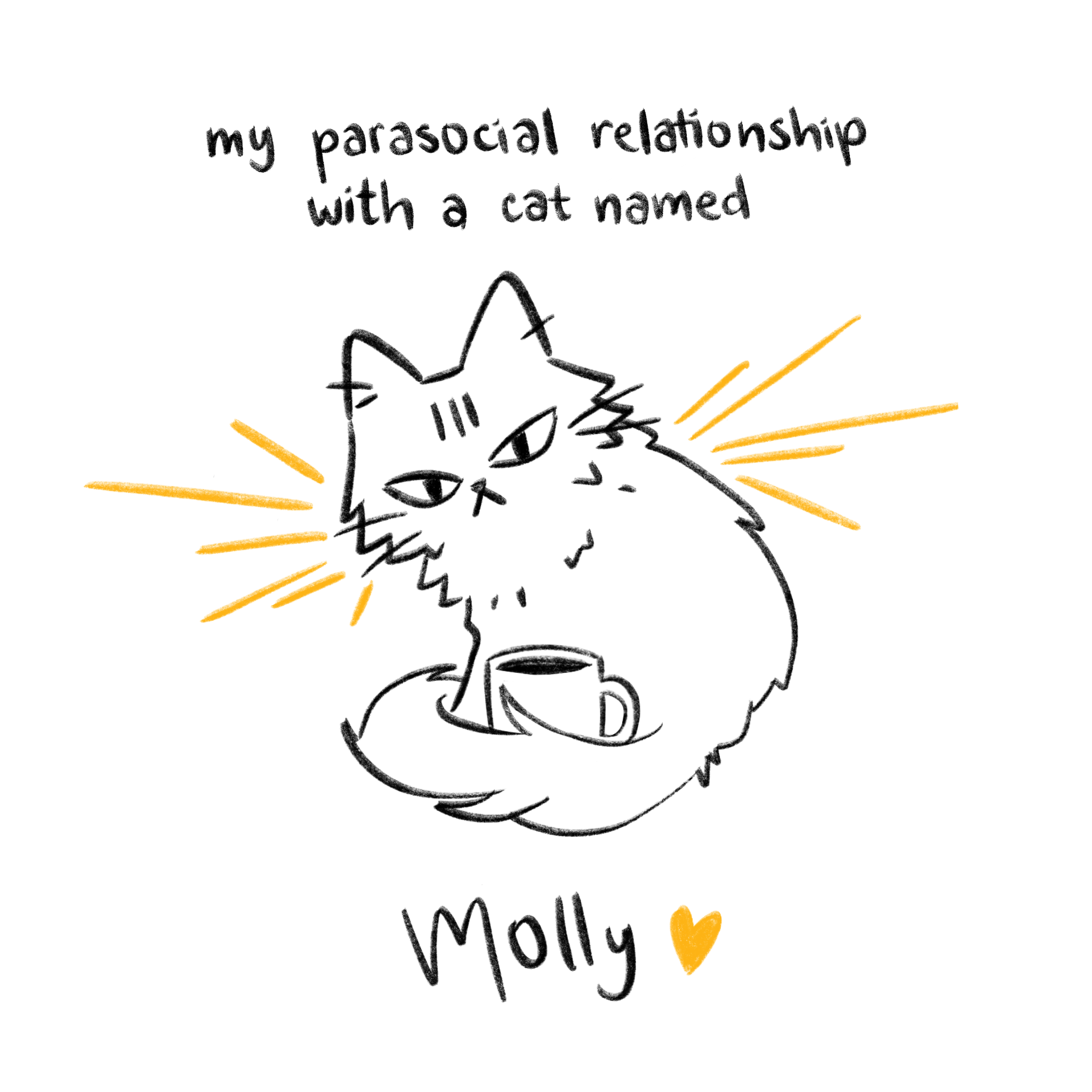 Title panel: “My parasocial relationship with a cat named Molly,” with a fluffy cat holding a coffee cup.