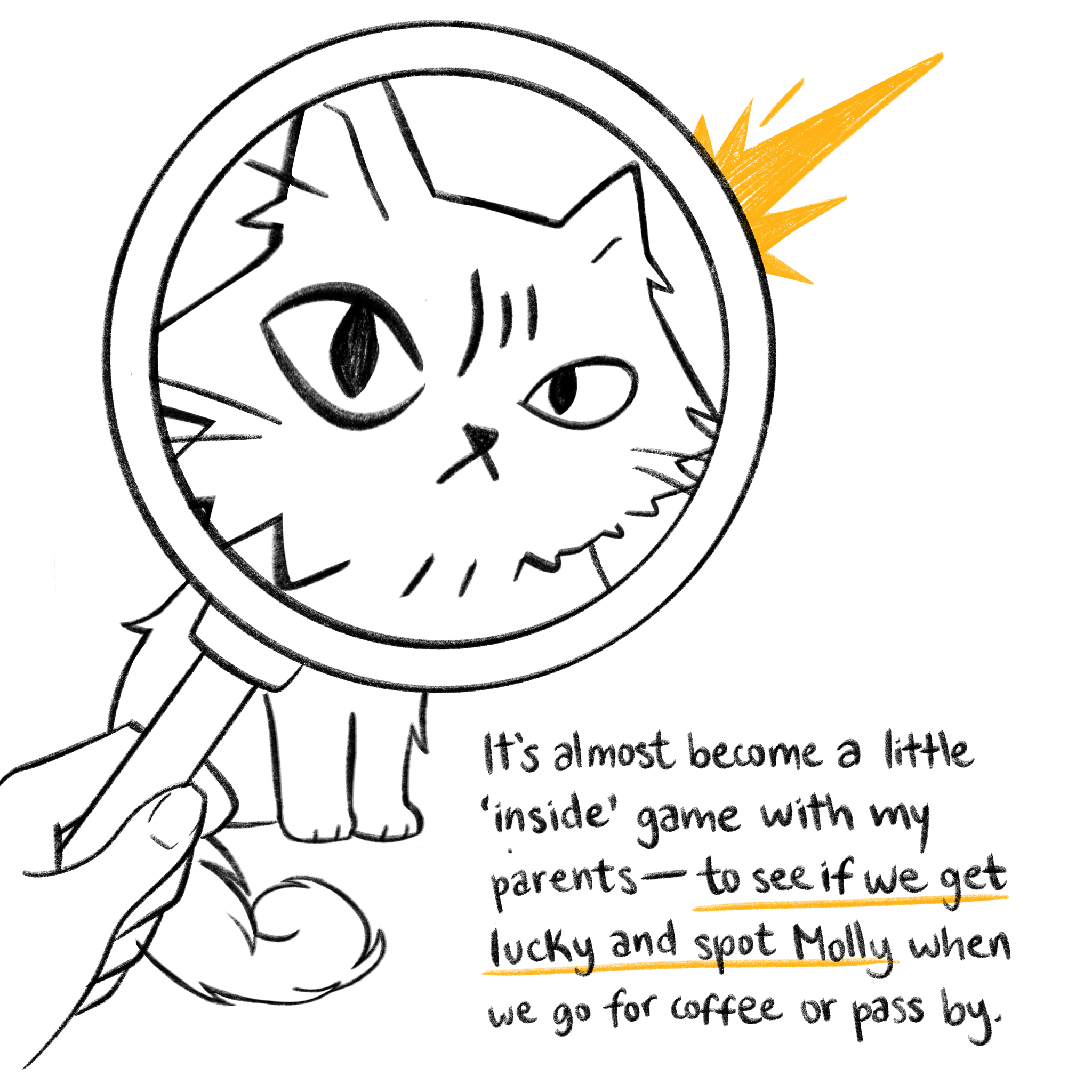 Molly seen through a magnifying glass. “It’s almost become a little ‘inside’ game with my parents: to see if we get lucky and spot Molly when we go for coffee or pass by.”