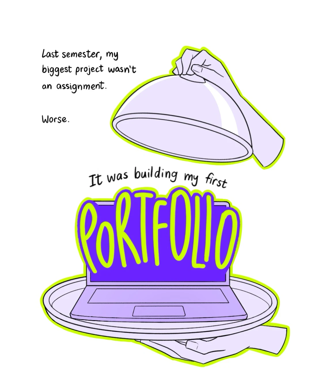 Page 1: “Last semester, my biggest project wasn’t an assignment. Worse. It was building my first portfolio.” A hand lifts a cloche off a laptop on a platter, with PORTFOLIO in giant letters on the screen.