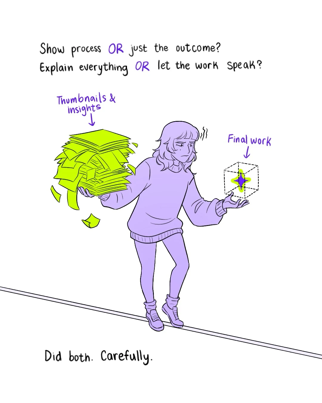 Page 4: “Show process or just the outcome? Explain everything or let the work speak?” I balance on a tightrope holding a messy stack of thumbnails and insights in one hand and a tiny sparkly final piece in the other. “Did both. Carefully.”