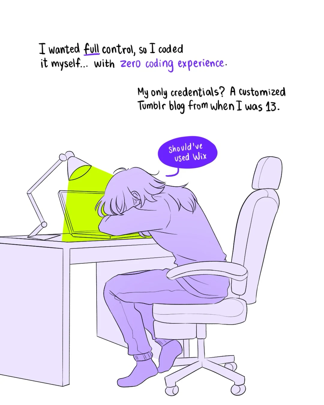 Page 5: “I wanted full control, so I coded it myself… with zero coding experience. My only credentials? A customized Tumblr blog from when I was 13.” I’m face down on my desk under a lamp, saying “Should’ve used Wix.”