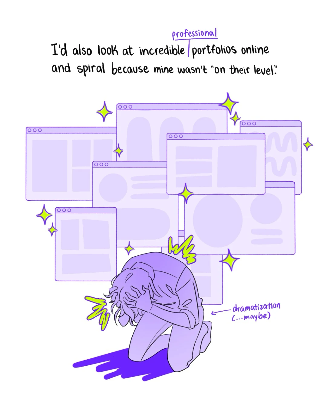 Page 9: “I’d also look at incredible professional portfolios online and spiral because mine wasn’t ‘on their level.’” I’m curled up on the floor in front of a wall of sparkly websites. “Dramatization (…maybe).”