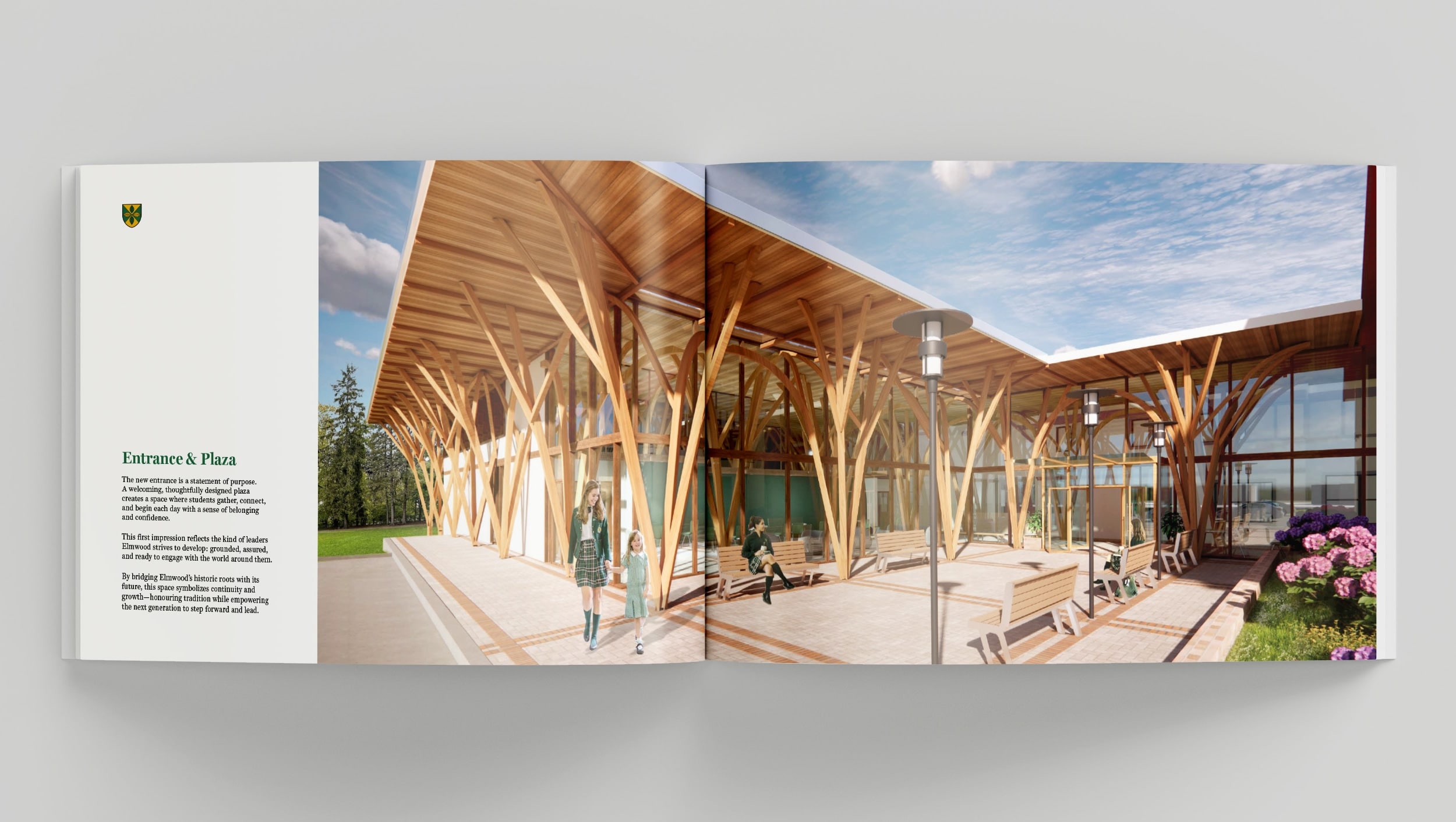 Booklet spread showing the new entrance and plaza with its timber canopy.