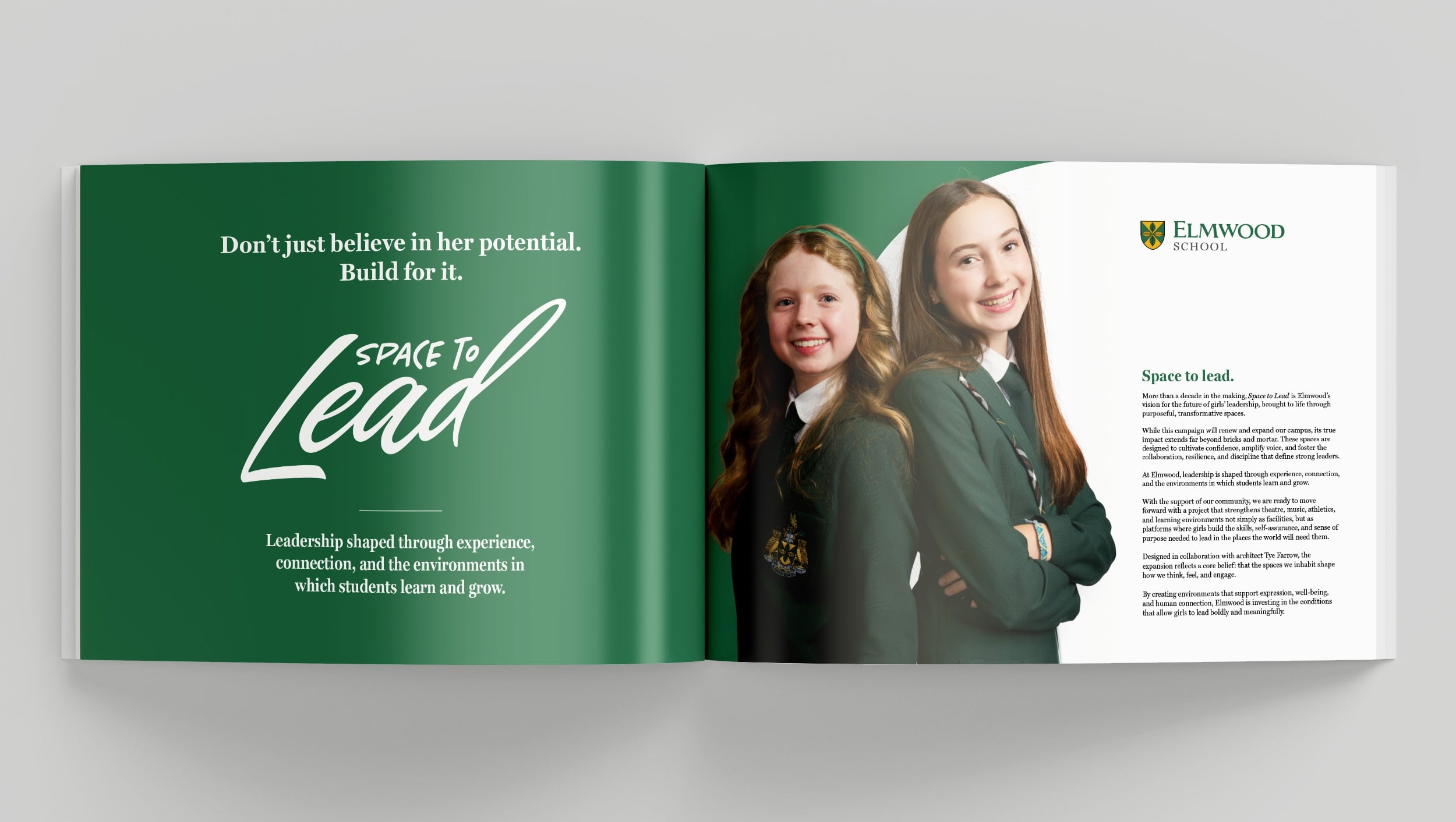 Booklet spread: “Don’t just believe in her potential. Build for it.” beside two Elmwood students.