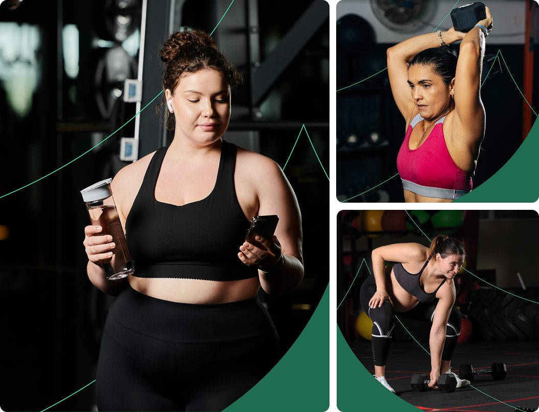 Three fitness photos framed by thin green curves and a large solid green chevron from the cedar mark.