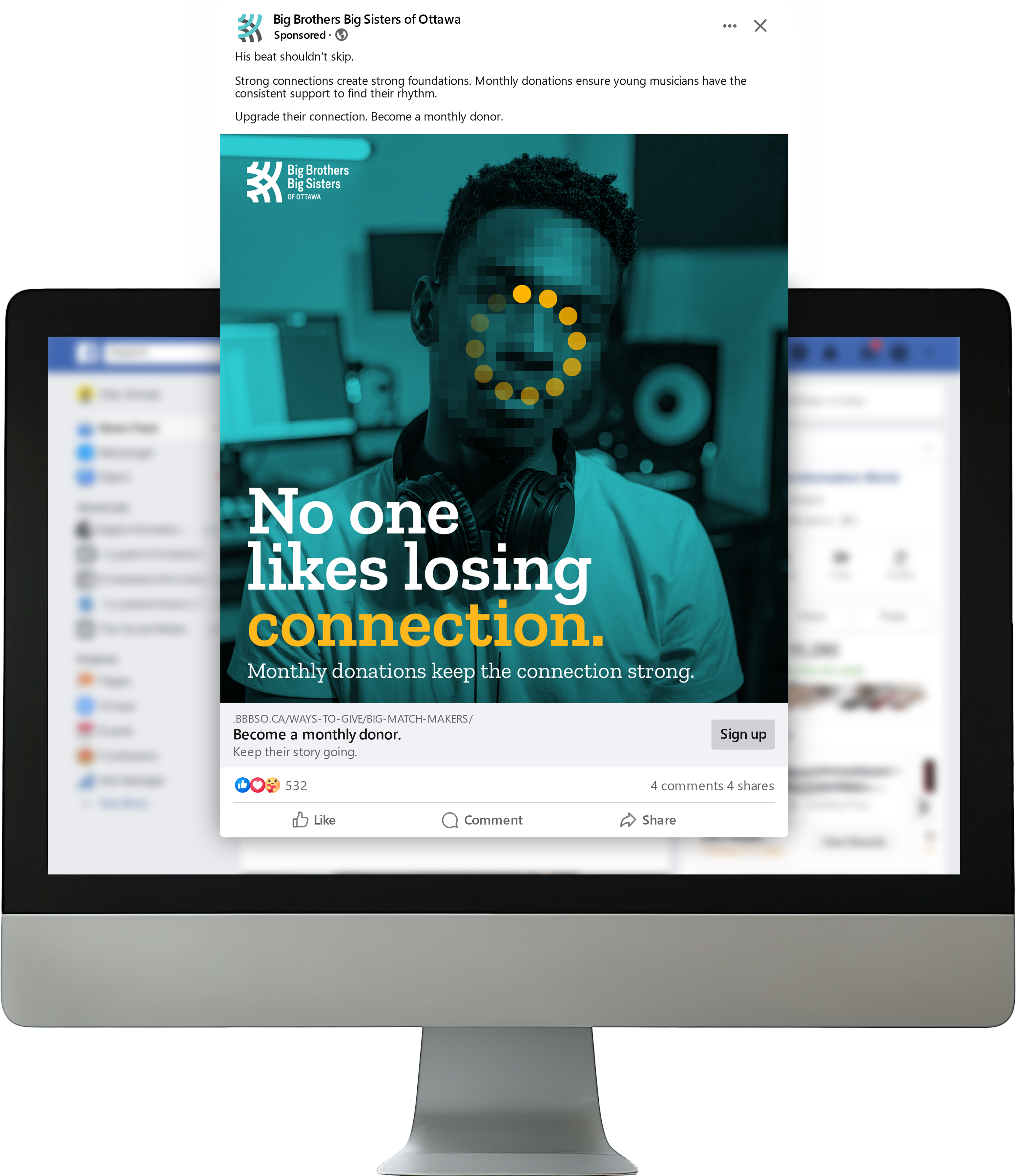 Facebook sponsored post displayed on desktop computer featuring young musician with buffering effect for Big Brothers Big Sisters Ottawa campaign