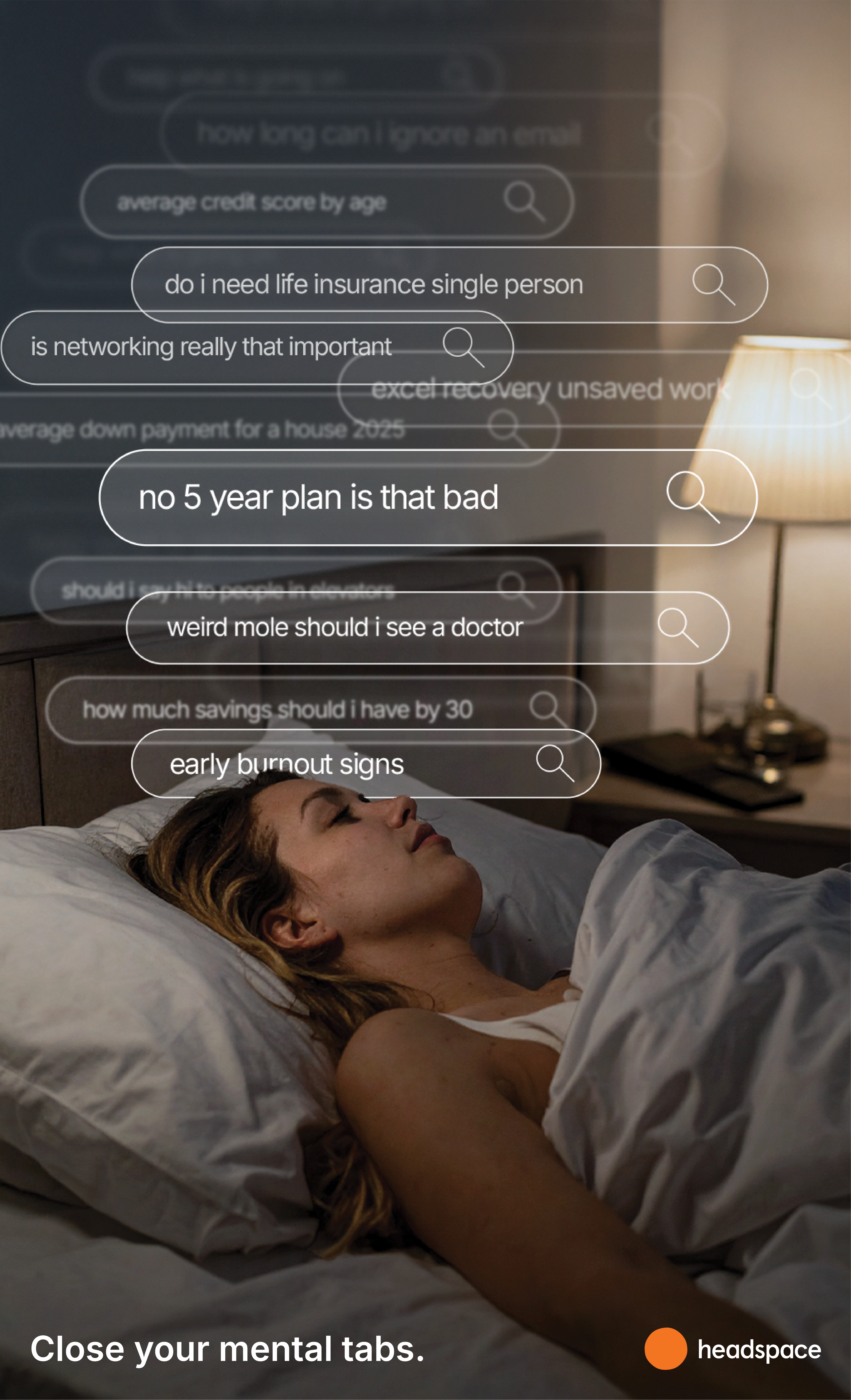 Woman in bed with anxious search queries visualized above her head