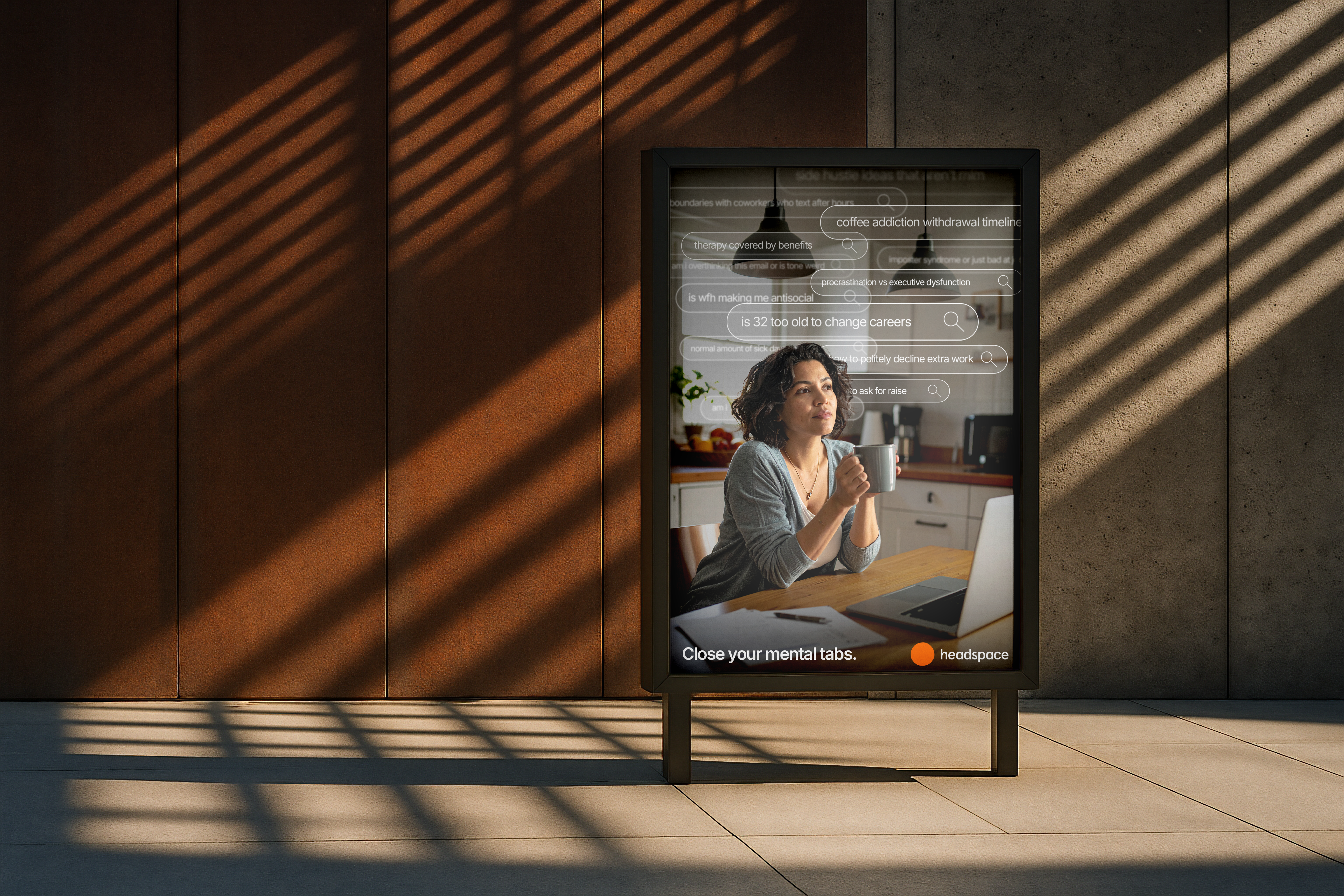Digital ad showing woman with coffee and laptop, mental search queries floating overhead