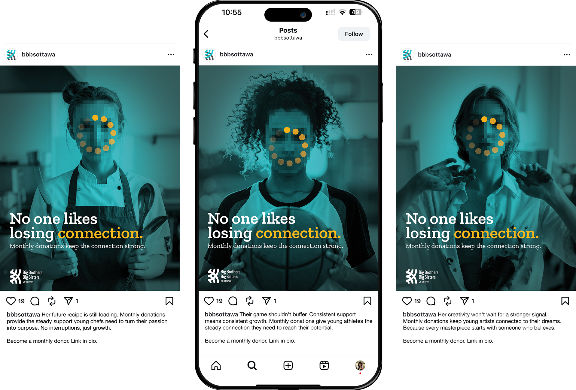 Instagram campaign executions showing three posts featuring young people with pixelated buffering effects, displayed alongside phone mockups to demonstrate the connection concept