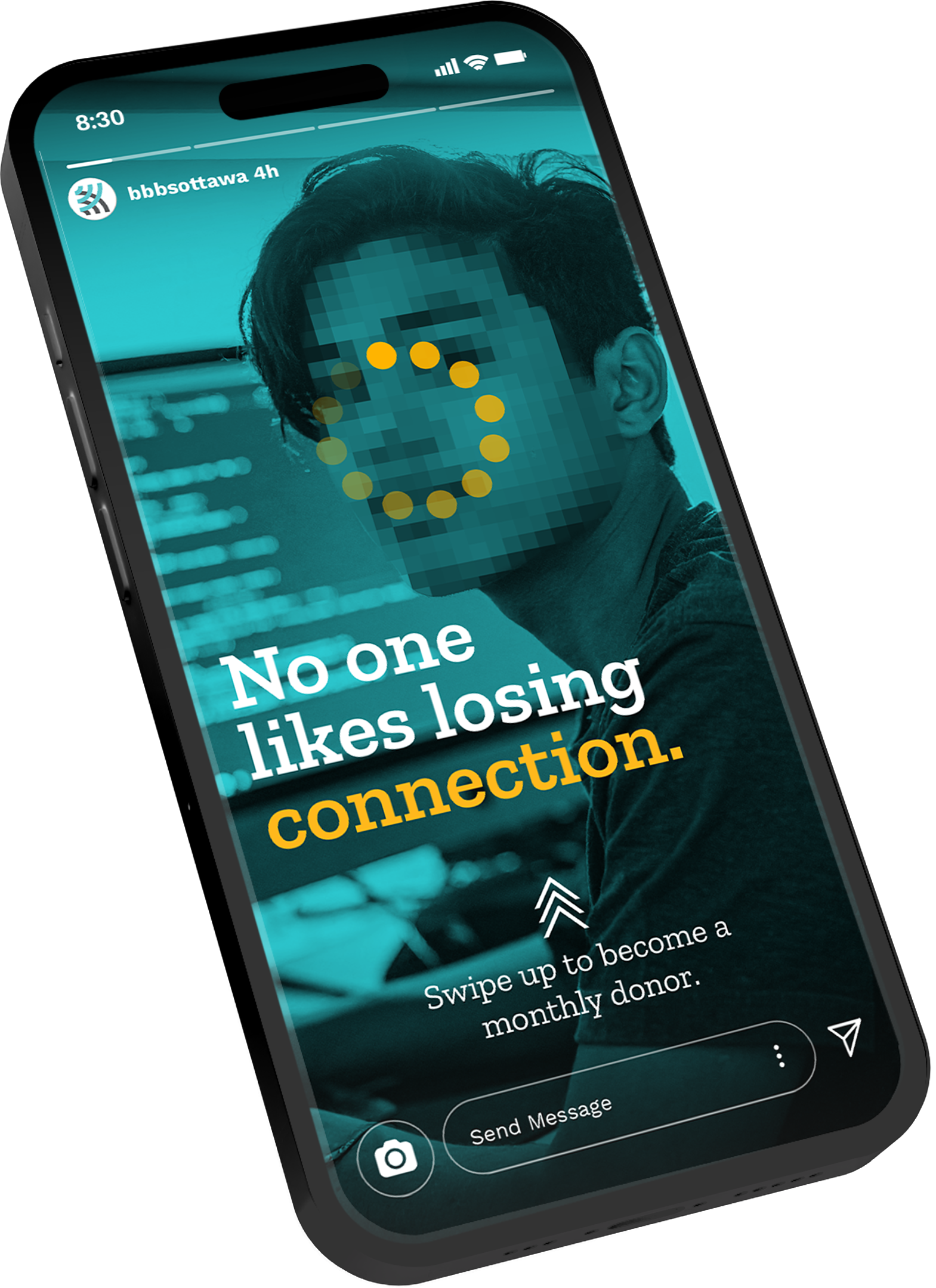 Instagram Story execution showing young person with pixelated buffering effect and call-to-action to become a monthly donor