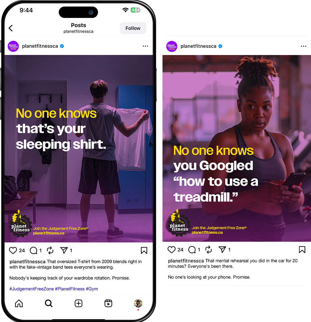 Planet Fitness mobile executions showing Instagram posts with relatable gym anxieties